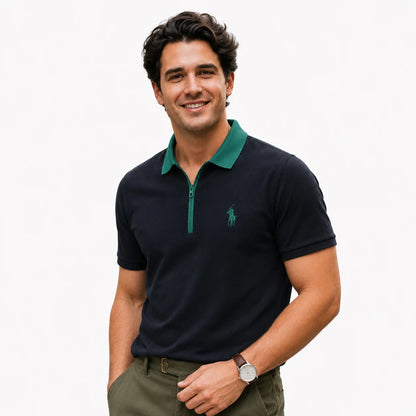 Contrast-Collar Zip Polo Shirt