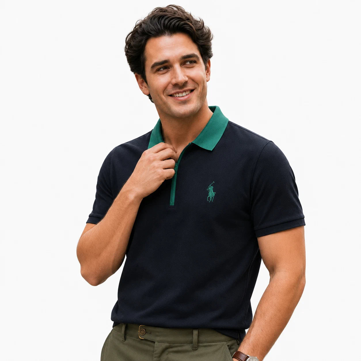 Contrast-Collar Zip Polo Shirt
